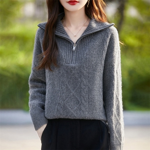 2025冬季半开拉链100%纯羊毛衫女高领绞花针织毛衣宽松慵懒羊绒衫图片