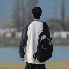 日系复古口袋长袖男春秋新款宽松情侣圆领T恤百搭打底衫T16-5/P38，男装T恤，星座506