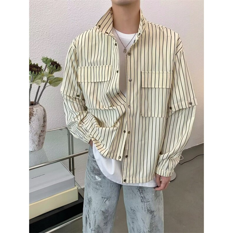 日系浅色条纹衬衫外套男潮流痞帅宽松休闲少年感简约口袋长袖衬衣，男装衬衫，星座506A