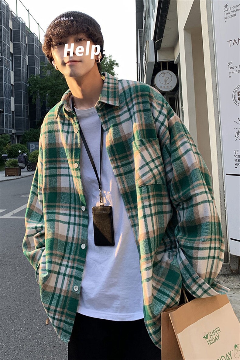 绿色磨毛格子衬衫男外套宽松港风情侣装长袖衬衣DJ6118P55,男装衬衫,电商B413-1
