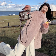 粉紫色法式温柔风皮毛一体羊羔毛外套女秋冬2025新款超好看厚棉服，女装毛呢外套，2C283