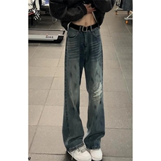 美式复古水洗做旧破洞牛仔裤男宽松直筒微喇vibe裤子WLA5377-P50，男装牛仔裤，星座1008