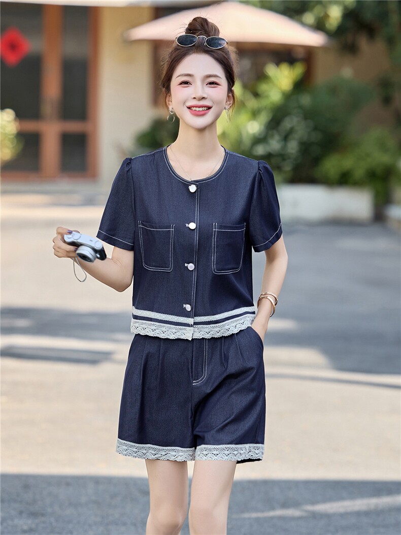 2025韩版夏季薄时尚显瘦蕾丝拼接牛仔短袖短裤套装,女装套装/套裙,贵人树
