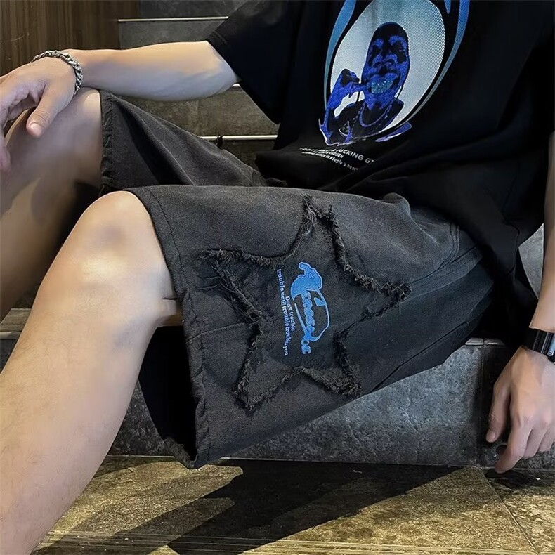 牛仔短裤男夏季五分裤直筒宽松休闲裤美式vibe高街阔腿裤EN38-P40,男装牛仔裤,星座1008