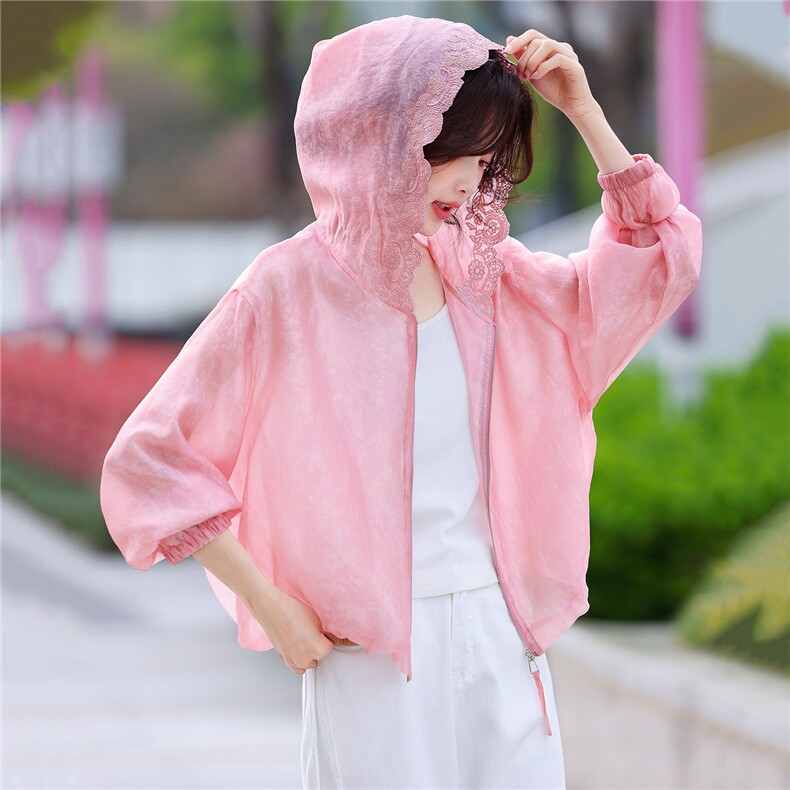 2026夏季新款时尚宽松百搭减龄薄款帽子拼接蕾丝边上衣，女装短外套，深水步