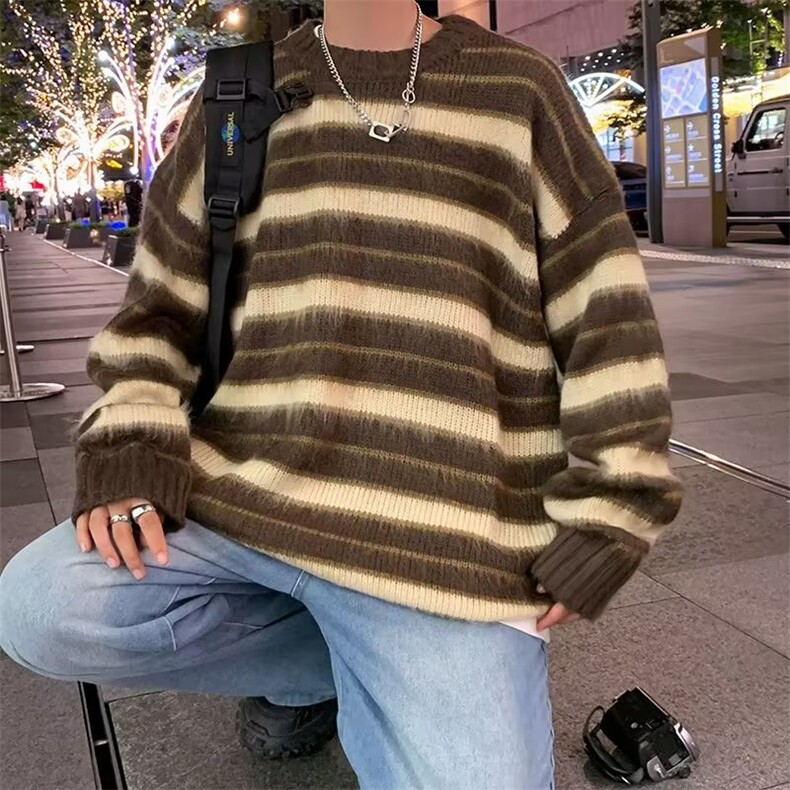 条纹针织衫男秋冬季宽松慵懒风毛衣美式复古痞帅上衣服Y5586-P50图片