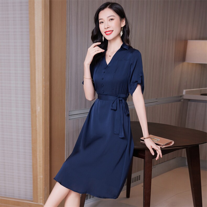 红色重磅真丝连衣裙女夏2025新款收腰显瘦高端缎面中长桑蚕丝裙子,女装连衣裙,阿舍尔精品