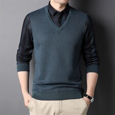 秋季新款加绒假两件长袖男衬衫领潮流中年打底上衣HPNAK8052-P85图片