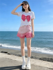 简约个性休闲时尚套装女夏新款刺绣蝴蝶结上衣粉色牛仔短裤两件套，女装套装/套裙，江南