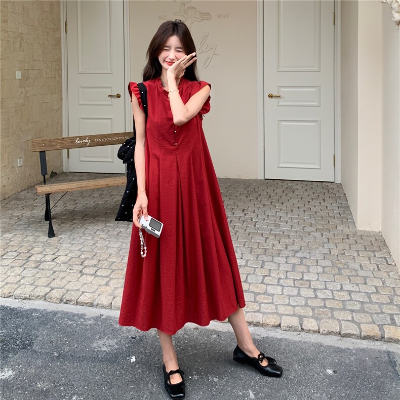 小飞袖红色连衣裙女夏2025新款法式小众设计感流行超火爆款长裙，女装连衣裙，2C273