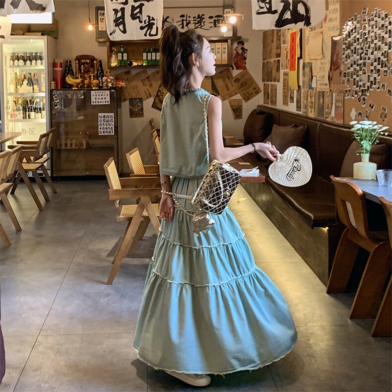韩范套裙女2024年夏新款女装时尚气质木耳边无袖上衣半身裙两件套,女装套装/套裙,冬木谷雨