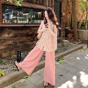 夏日少女风套装2026新款韩式碎花木耳边背心宽松阔腿裤两件套裤图片