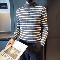 网红条纹毛衣男士秋冬季半高领打底针织衫修身韩版长袖毛线衣百搭，男装T恤，星座601-2