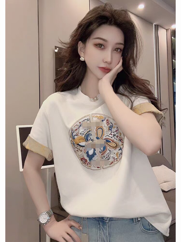2025时尚百搭简约中式拼接刺绣短袖,女装T恤,思沃羊绒