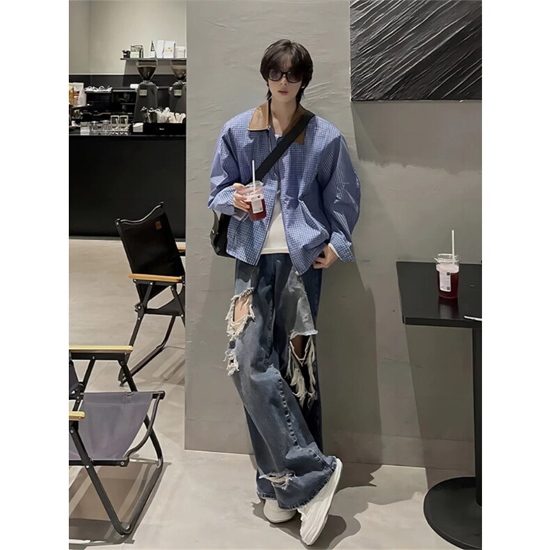 网图有货美式复古蓝色格子撞色翻领宽松夹克外套男J198-P70，男装夹克，星座1505