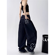 新款潮流牛仔裤女美式格子卷边拼接宽松直筒垂感显瘦阔腿裤子，男装牛仔裤，星座302B-2