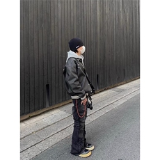 美式高街复古翻领PU皮刺绣飞行员夹克男女潮牌休闲春秋棒球服外套，男装夹克，星座506A