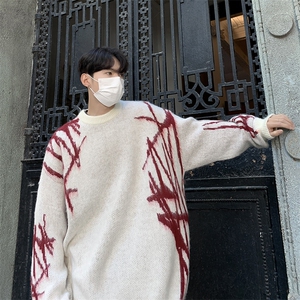 B256-P60 潮设计感宽松情侣针织衫秋冬美式高街泼墨圆领毛衣男图片