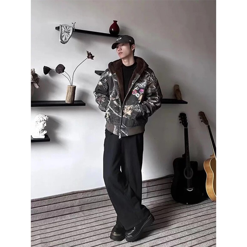 网图有货美式复古迷彩连帽座山雕棉服男女加绒棉衣A1137-P155,男装棉衣,星座1505