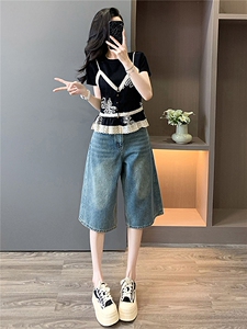 高级感时尚减龄套装女夏设计感蕾丝拼接假两件上衣牛仔中裤两件套图片