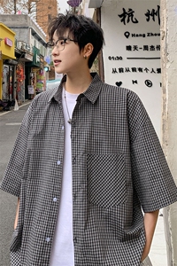 短袖衬衫男夏季新款港风宽松纯棉格子衬衣DX101-P35图片