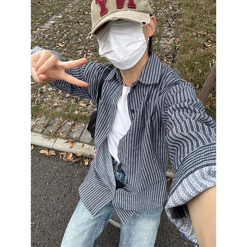 条纹衬衫潮牌长袖衬衣宽松港风休闲外套CS287-P45,男装衬衫,星座301C-5