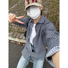 条纹衬衫潮牌长袖衬衣宽松港风休闲外套CS287-P45，男装衬衫，星座301C-5
