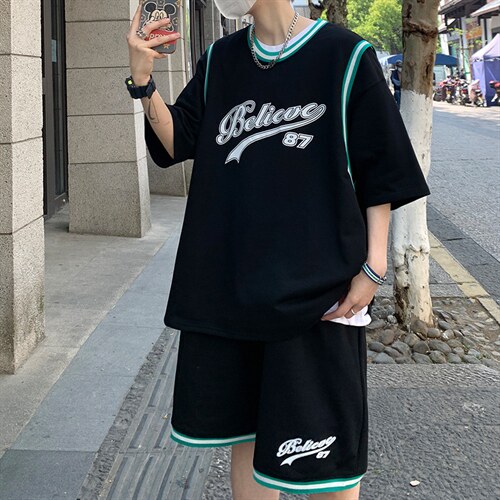 纯棉夏季短袖T恤套装青少年宽松潮流篮球服两件套男装F311P58，男装休闲套装，电商A086