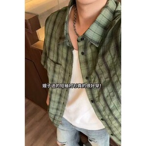 抹茶绿冰丝衬衫短袖男夏季薄款速干格子衬衣cleanfit格纹防晒外套图片