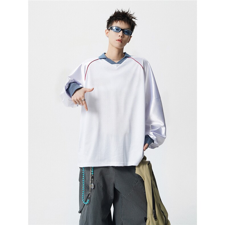 可二开美式POLO衫大码M-5XL拼接V领球衣长袖T恤男CX78111P45控69,男装Polo衫,星座226-1