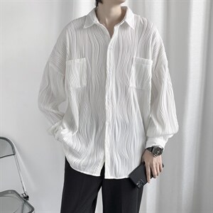 褶皱长袖衬衫男夏季设计感小众港风冰丝外套潮宽松衬衣 W3791-P40图片