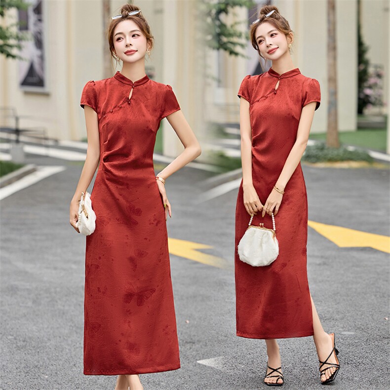 红色提花改良旗袍连衣裙女夏2025新款喜婆婆婚宴气质修身高端裙子,女装连衣裙,依如秀(原杭风阁)