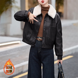 现货海宁f仿真皮皮衣女加绒加厚短款2024冬季新款女士宽松皮外套图片