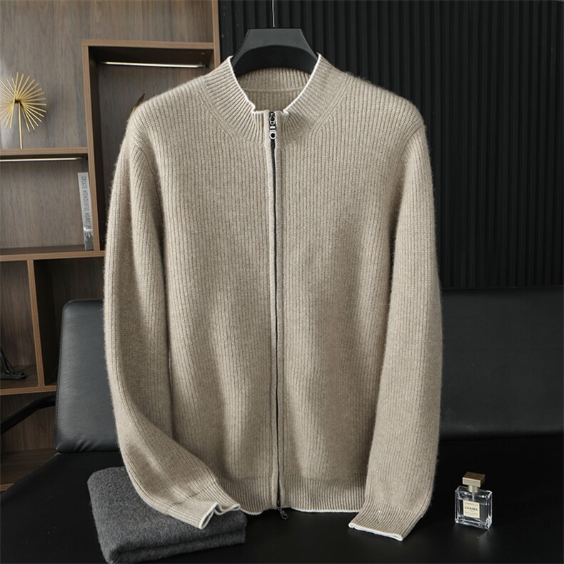 男士羊绒衫立领纯色羊绒柔软长袖开衫，男装羊绒开衫，台绒羊绒