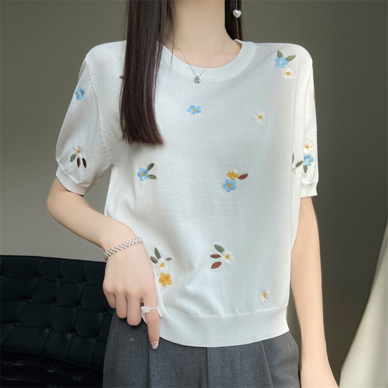 重工刺绣针织短袖t恤女夏季薄款2023新款小香风内搭冰丝半袖打底，女装T恤，菲奥羊绒