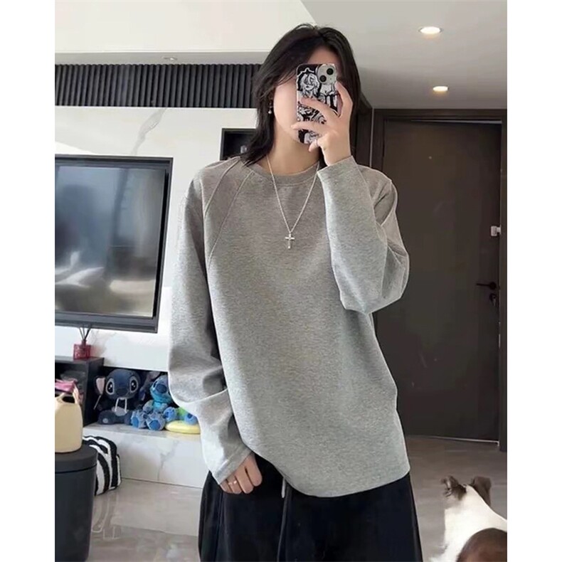 抖音得物品质26春装美式高街宽松曼巴棉螺纹拼接卫衣圆领长袖T恤,男装T恤,电商A443