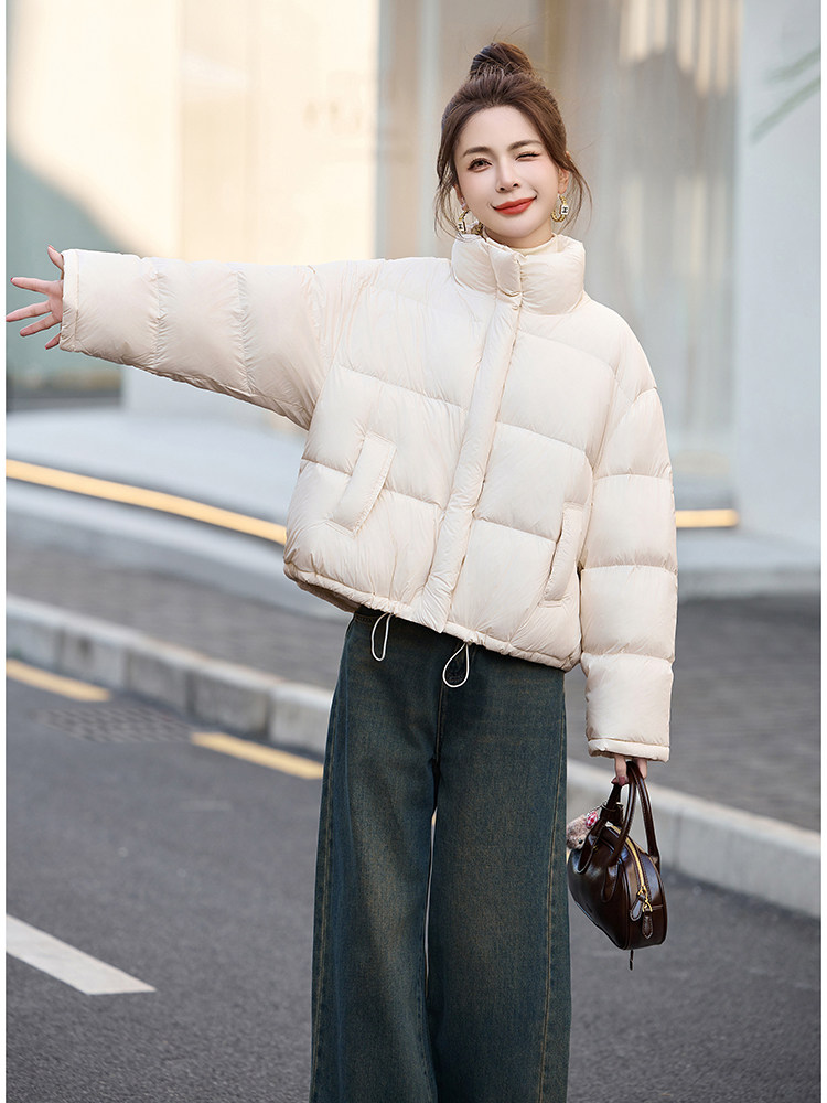 黄色羽绒服宽松短款外套2024冬装立领抽绳简约显白面包服女,女装羽绒服,曼慕纤衣