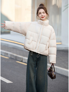 黄色羽绒服宽松短款外套2024冬装立领抽绳简约显白面包服女图片