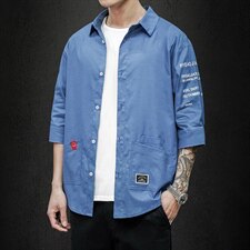 2021夏季新日系大码男马切达个性印花绣标宽松七分袖衬衫C553-P40，男装衬衫，电商A001