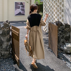 卡其色针织披肩连衣裙女2025秋季新款韩系慵懒风宽松显瘦衬衫长裙，女装连衣裙，2C159