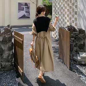 卡其色针织披肩连衣裙女2025秋季新款韩系慵懒风宽松显瘦衬衫长裙图片
