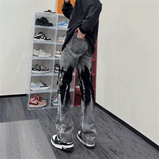 美式扎染牛仔裤男夏季薄款显瘦直筒休闲裤炸街痞帅小众微喇弯刀裤，男装牛仔裤，星座506A
