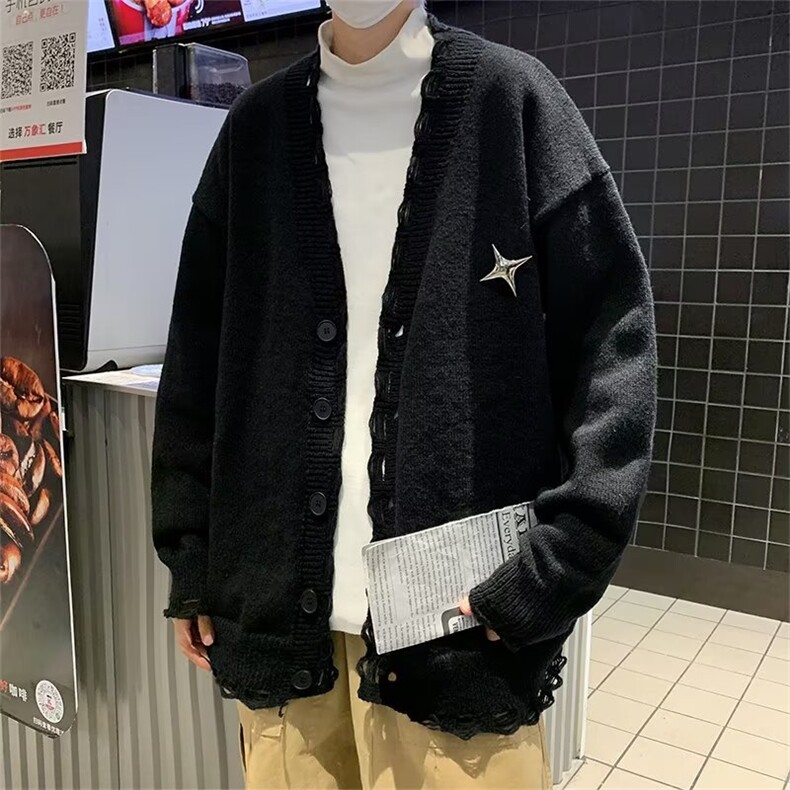 男破洞烂边设计V领针织开衫宽松日系复古毛衣M5061P42图片