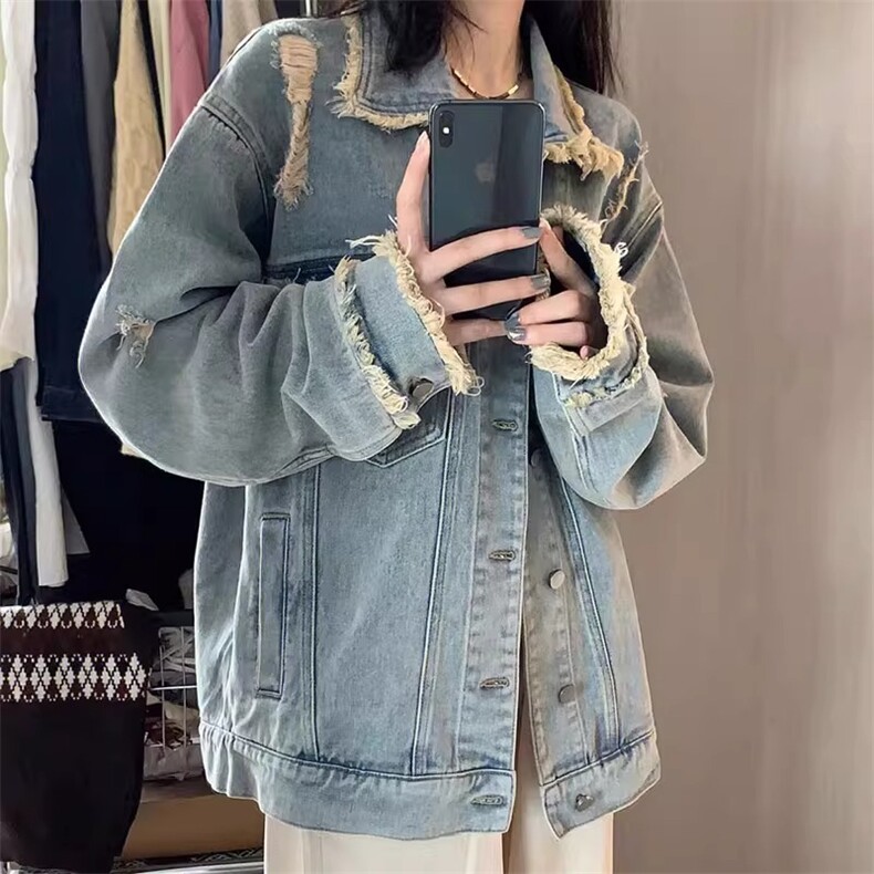cleanfit牛仔外套男女春秋款痞帅炸街穿搭复古水洗做旧毛边夹克潮,男装工装外套,星座506A
