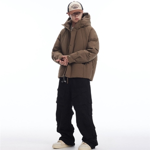连帽加绒短款潮牌羽绒服连帽外套男士休闲宽松痞帅高街面包服673图片