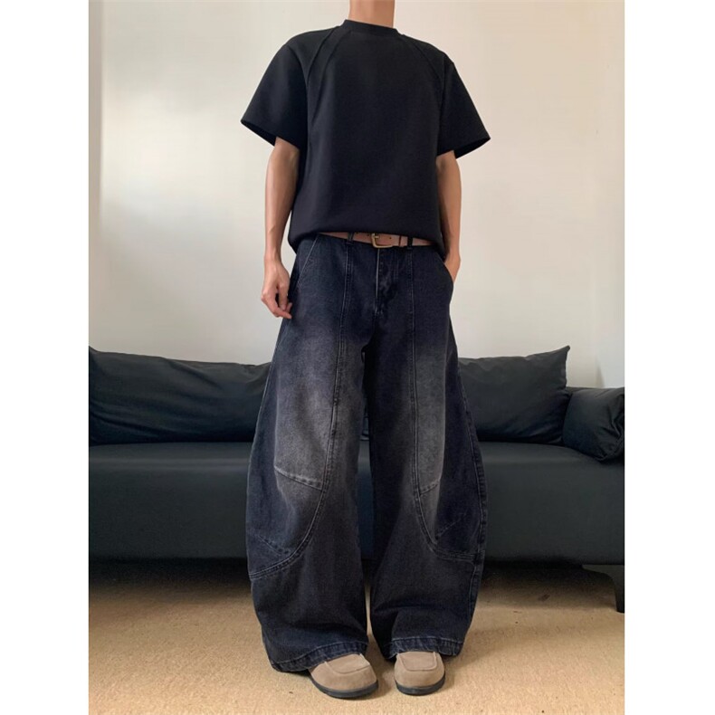 复古水洗解构弯刀牛仔裤男女哈伦微喇cleanfit直筒美式阔腿拖地裤,男装牛仔裤,星座506A