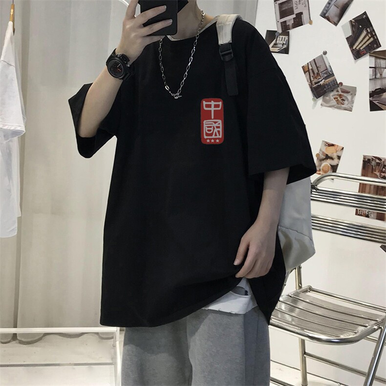 T008常年款男士休闲字母印花T恤衫外套圆领半袖五分袖TEE男女中性图片