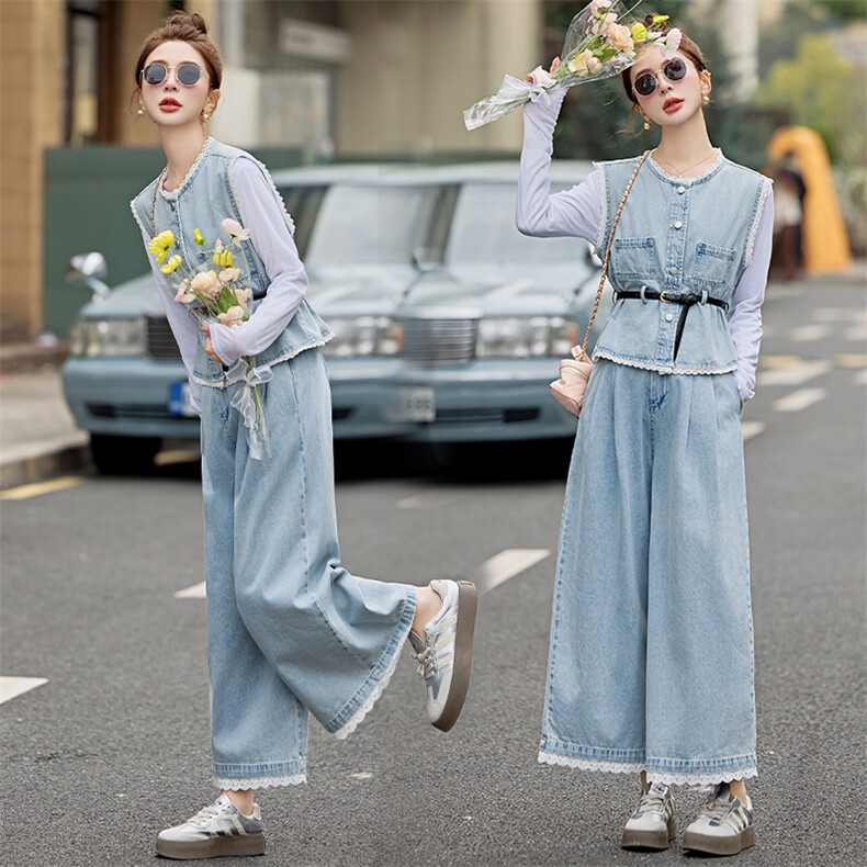 浅蓝牛仔马甲T恤阔腿裤三件套女2025春新款蕾丝拼接减龄休闲套装，女装套装/套裙，悠米