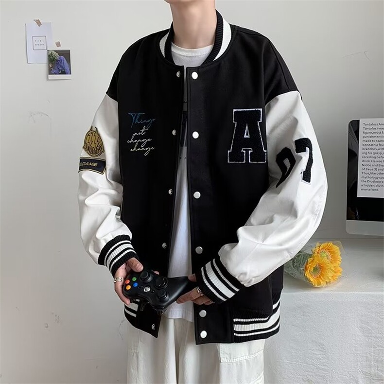 vibe美式棒球服男春秋黑白拼接飞行员夹克毛呢布皮袖BJ309P65图片