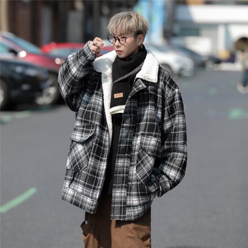 格子毛呢大衣男冬季2024新羊羔毛棉衣外套加绒加厚翻领棉袄M9017,男装夹克,星座1116A-1（原606A）